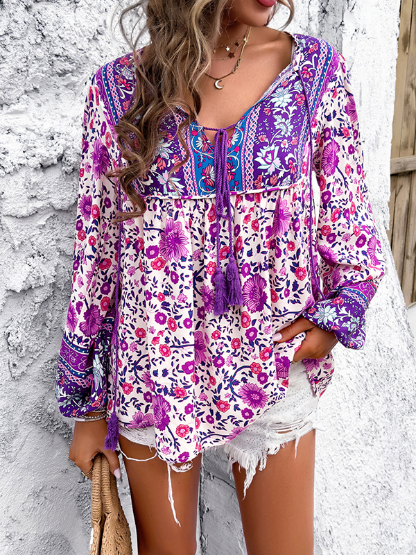 Long Sleeves Loose Contrast Color Elasticity Pleated Split-Joint Tied V-Neck Blouses&Shirts Tops