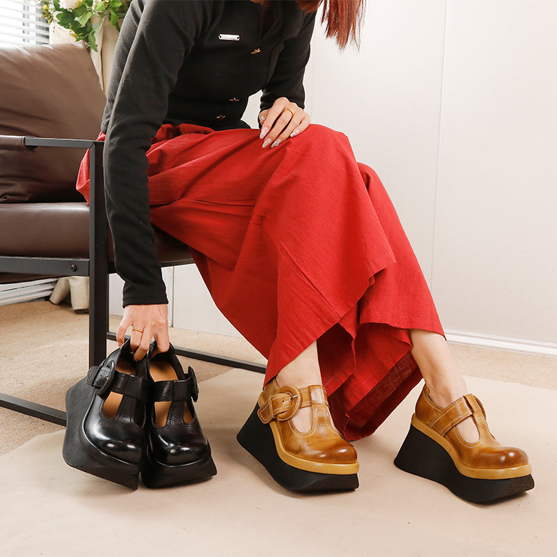 80mm Heel Chunky Platform T-Straps Cowhide Wedges Mary Jane in Khaki/Black