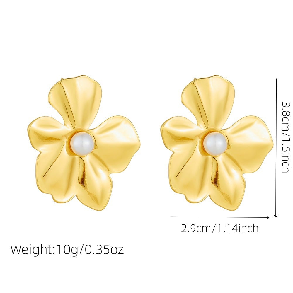French Retro Golden Flower Earrings Niche Stainless Steel Earrings Exaggerated Earrings