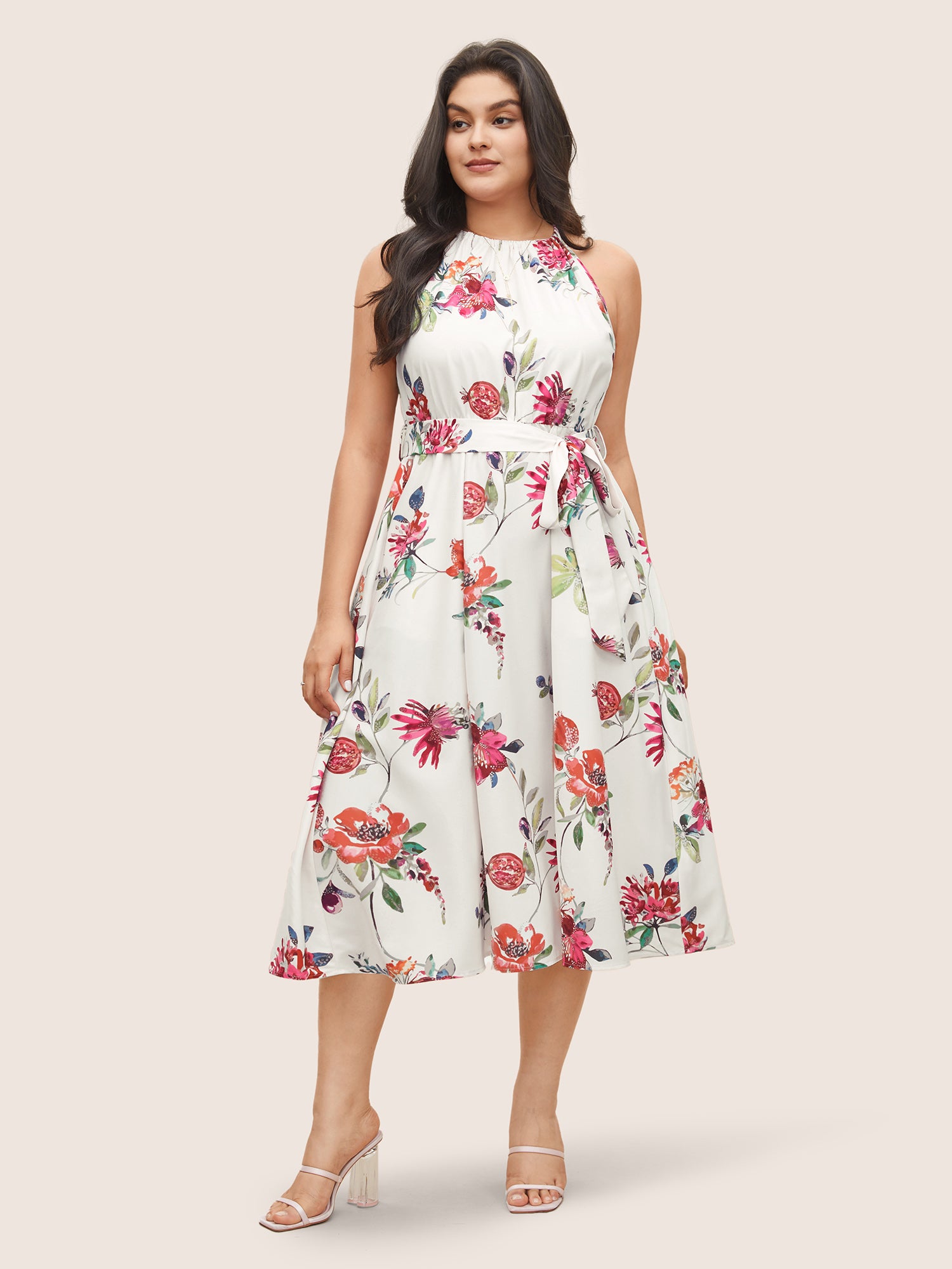 Citrus Fruit Print Halter Belted Gathered Dress