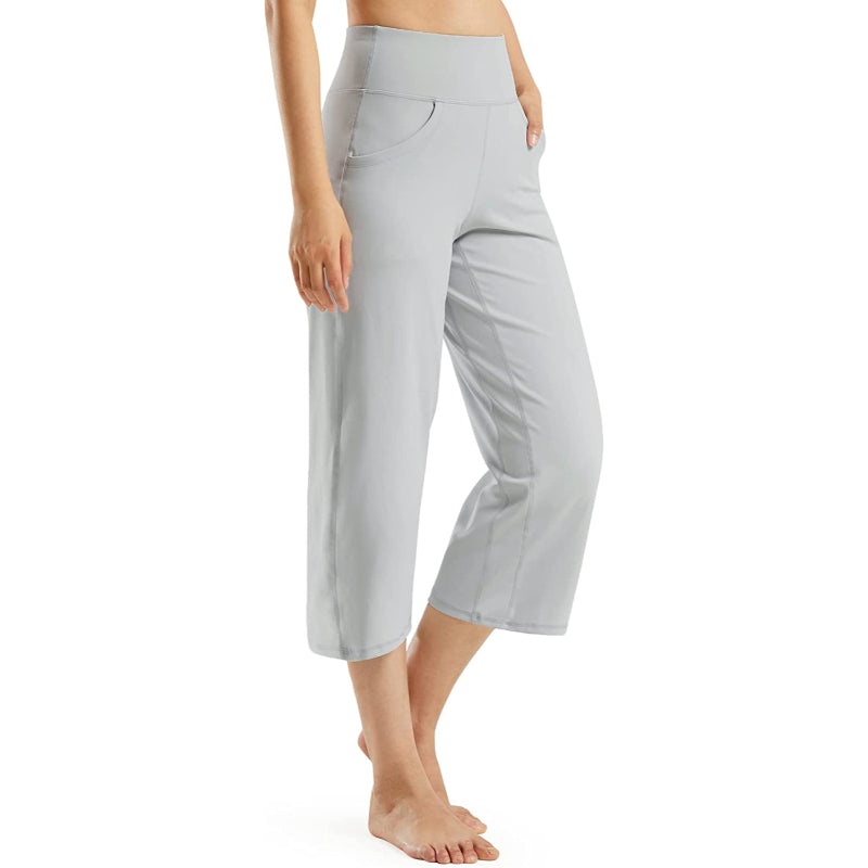 Women Wide Leg Yoga Capri High Waist Stretch Workout Sweatpants With Pockets Casual Straight Leg Pants