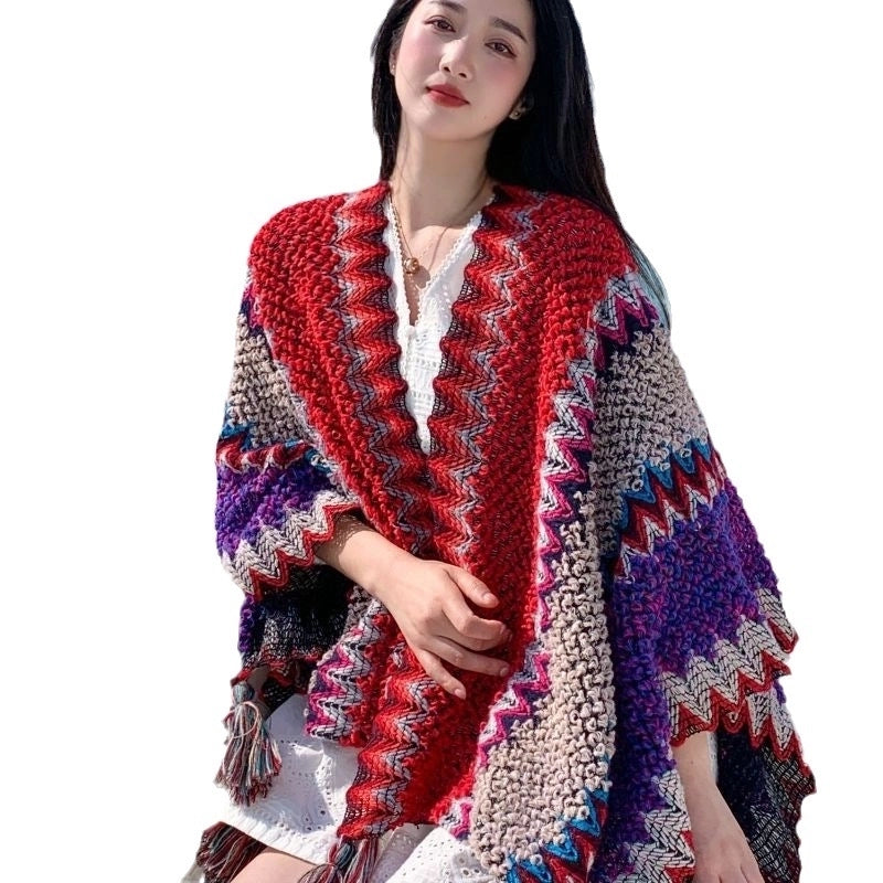 Travel Outside Knitted Shawl Ethnic Style Vintage Cape Cloak Tassel Scarf For Vacation Wear