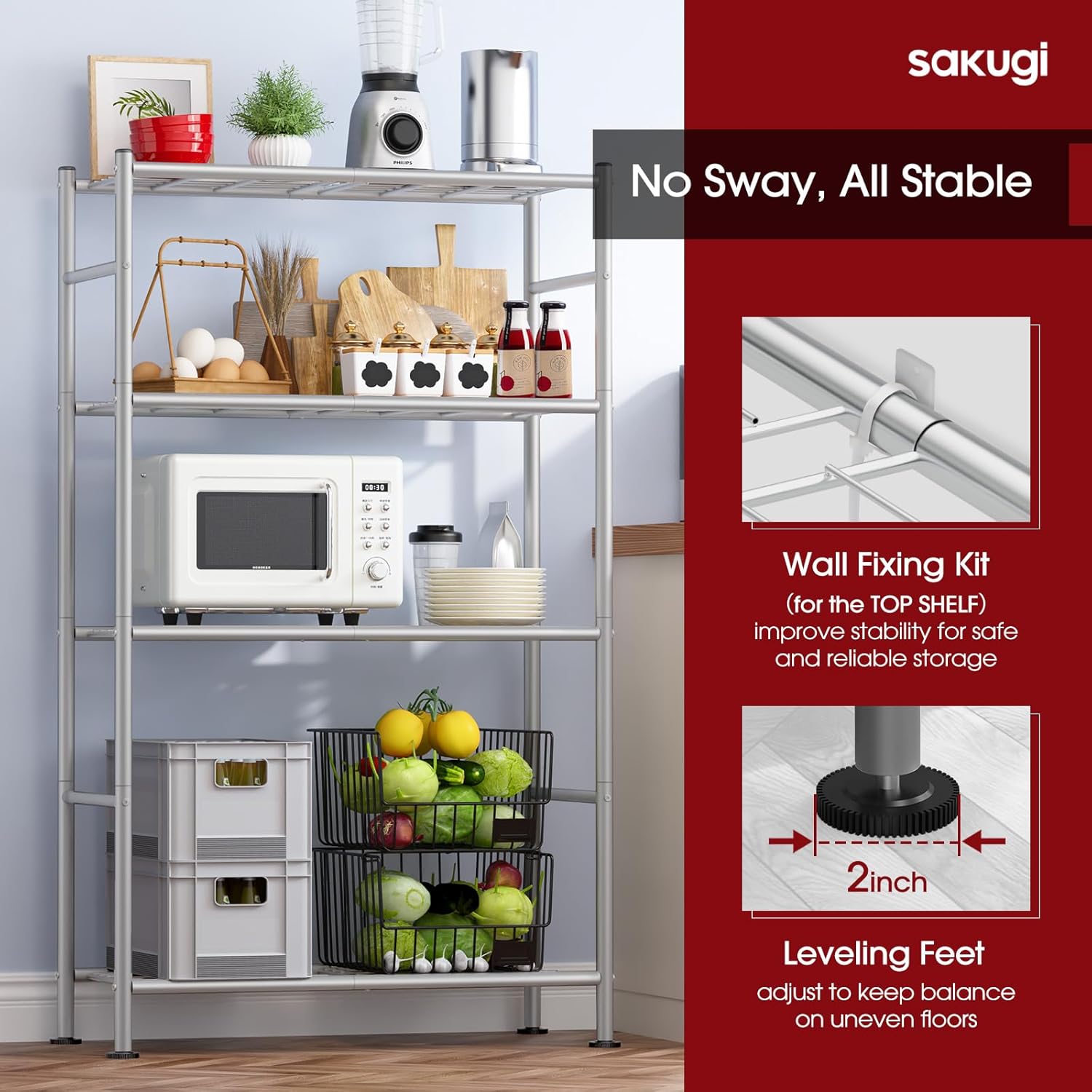 Storage Shelves - 5 Tier Shelf Organizer, Heavy Duty Garage Shelving Unit with Leveling Feet, Stable Metal Shelves Organizer for Pantry, Kitchen and Closet, 33.0