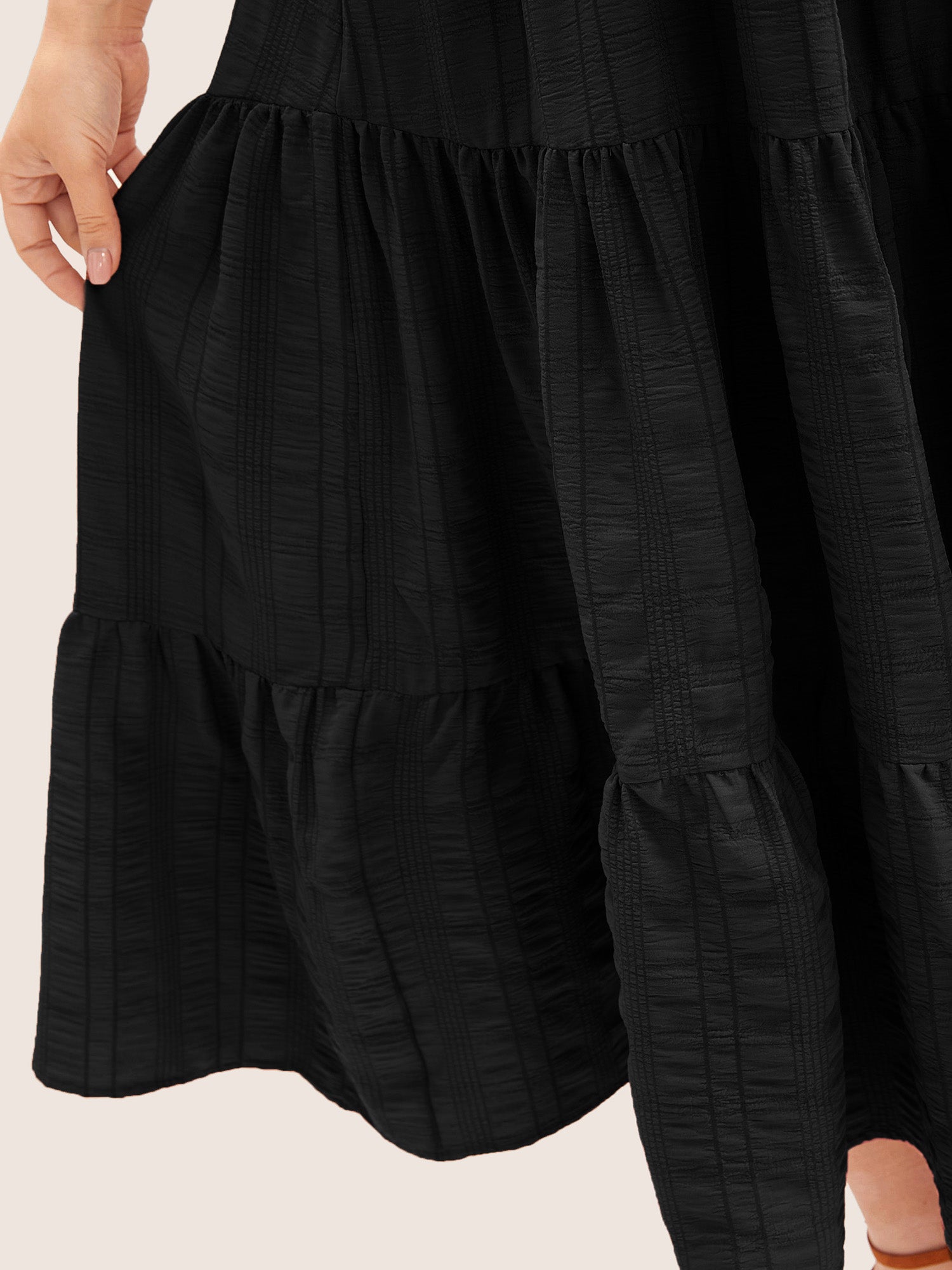 Plain Ruched Drawstring Pocket Ruffle Tiered Dress