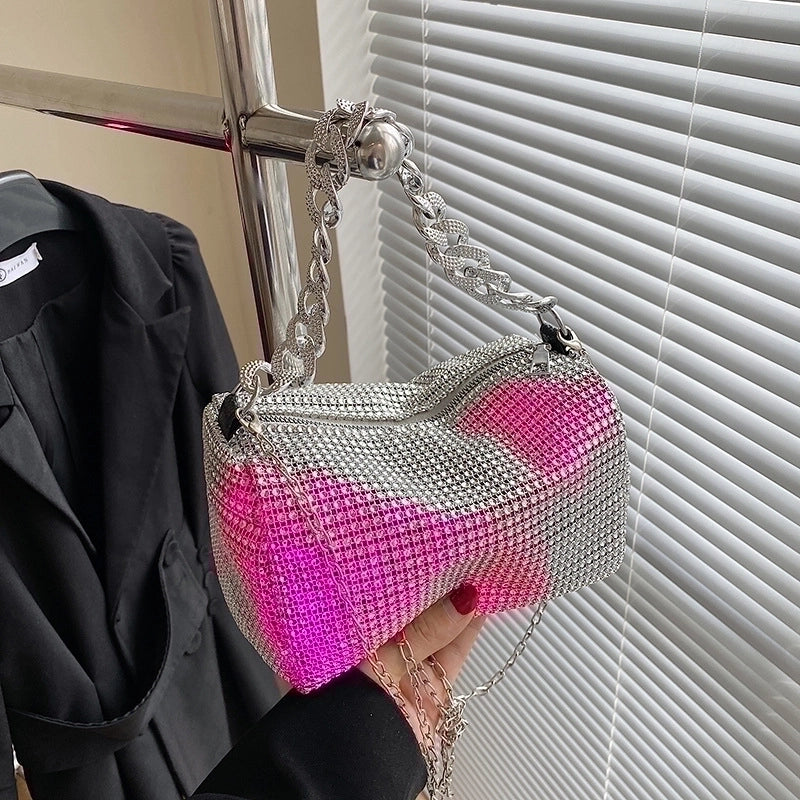 Women's Small Pu Leather Solid Color Fashion Rhinestone Chain Square Zipper Crossbody Bag