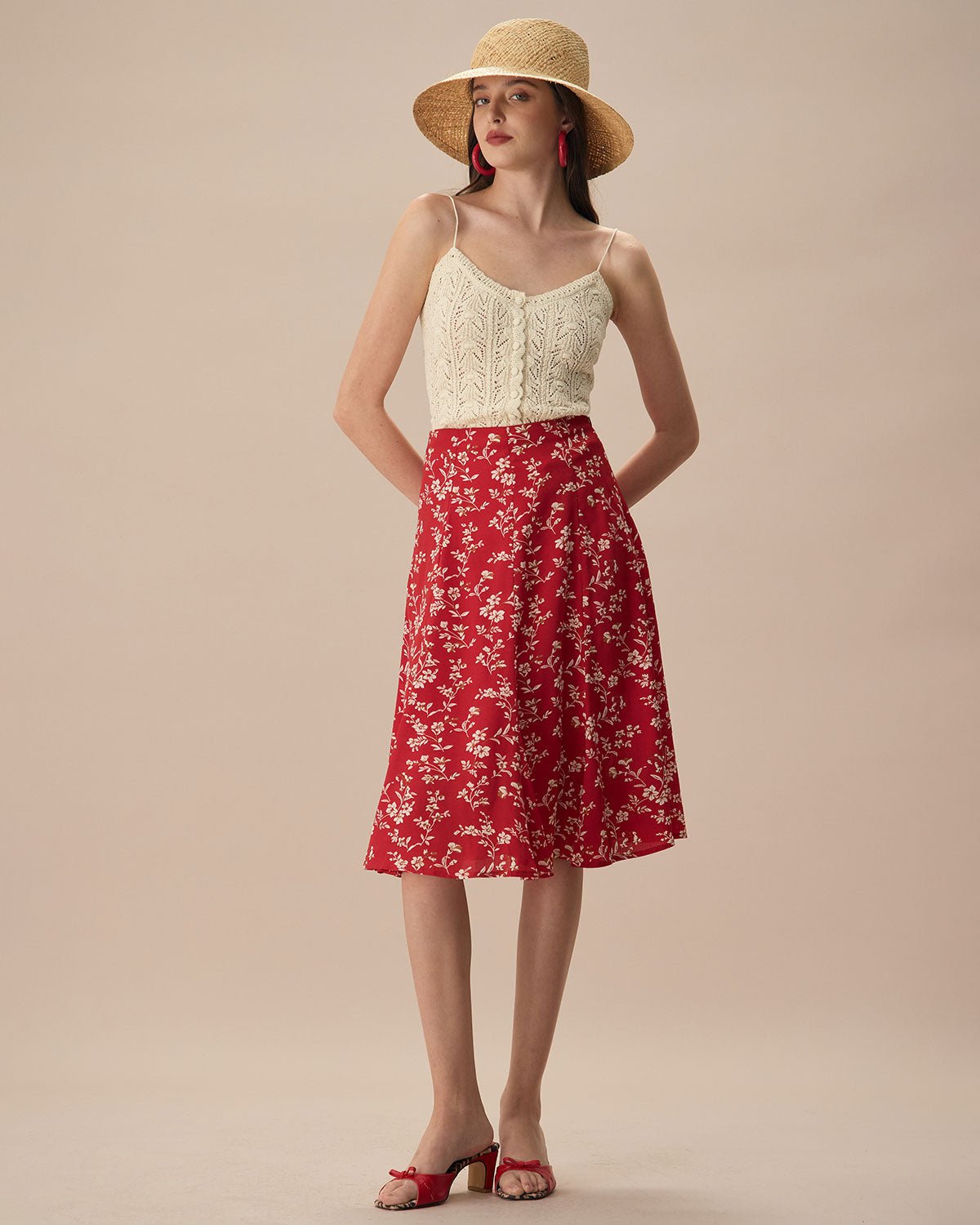 The Red High-Waisted Floral Midi Skirt