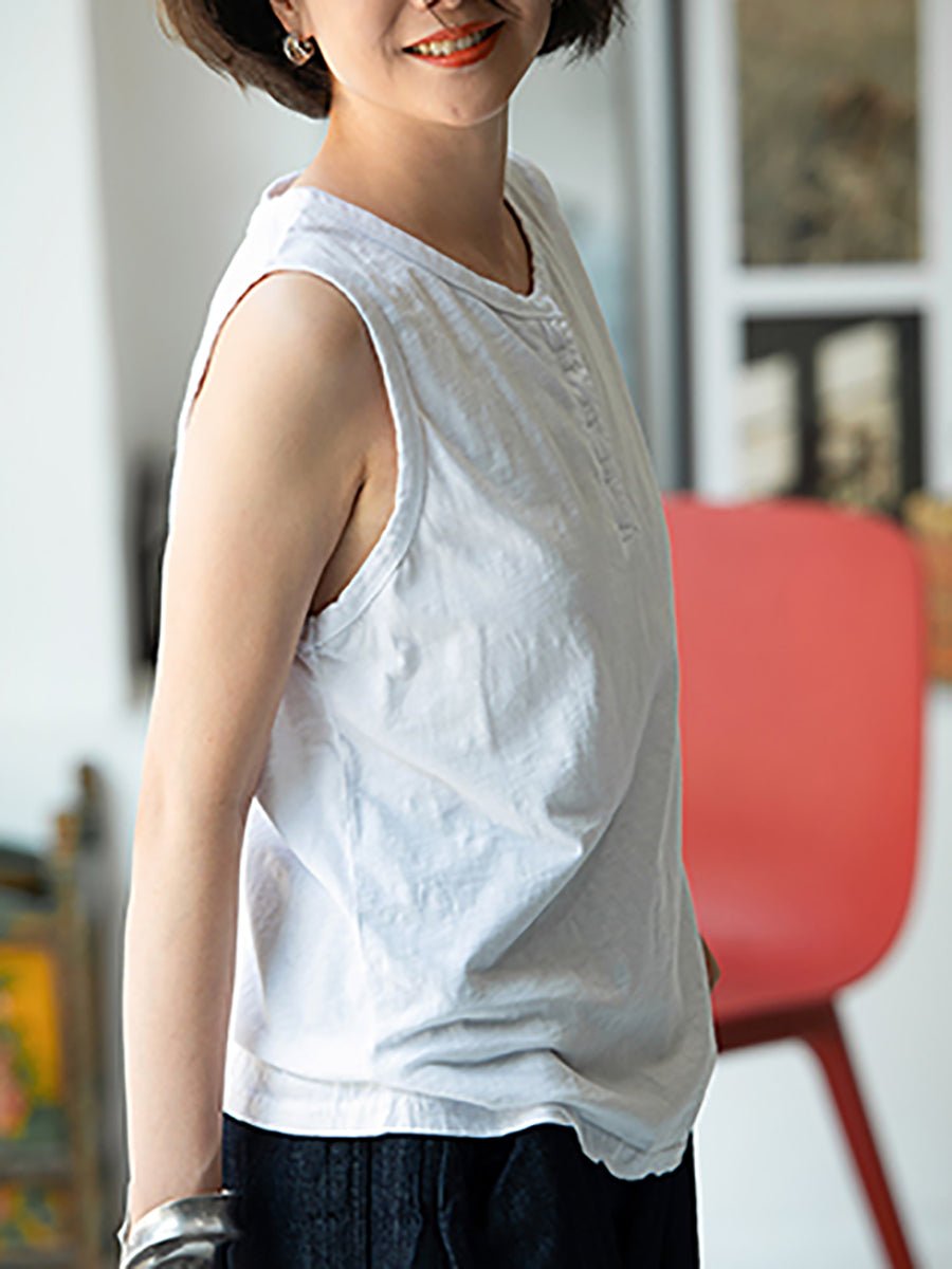 Women Summer Pure Color O-Neck 100%Cotton Vest