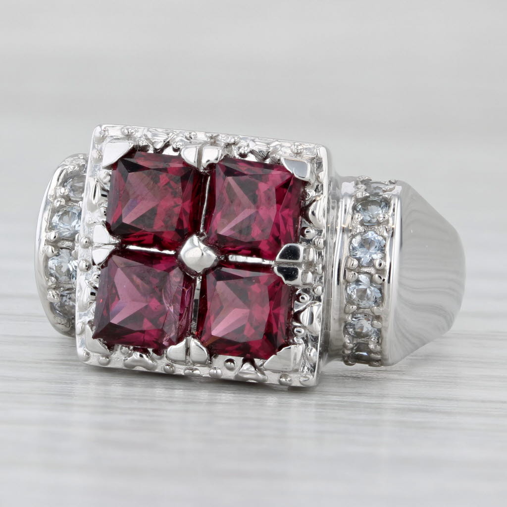Rhodolite Garnet White Topaz Sapphire Ring 14k White Gold Size 9 Cocktail