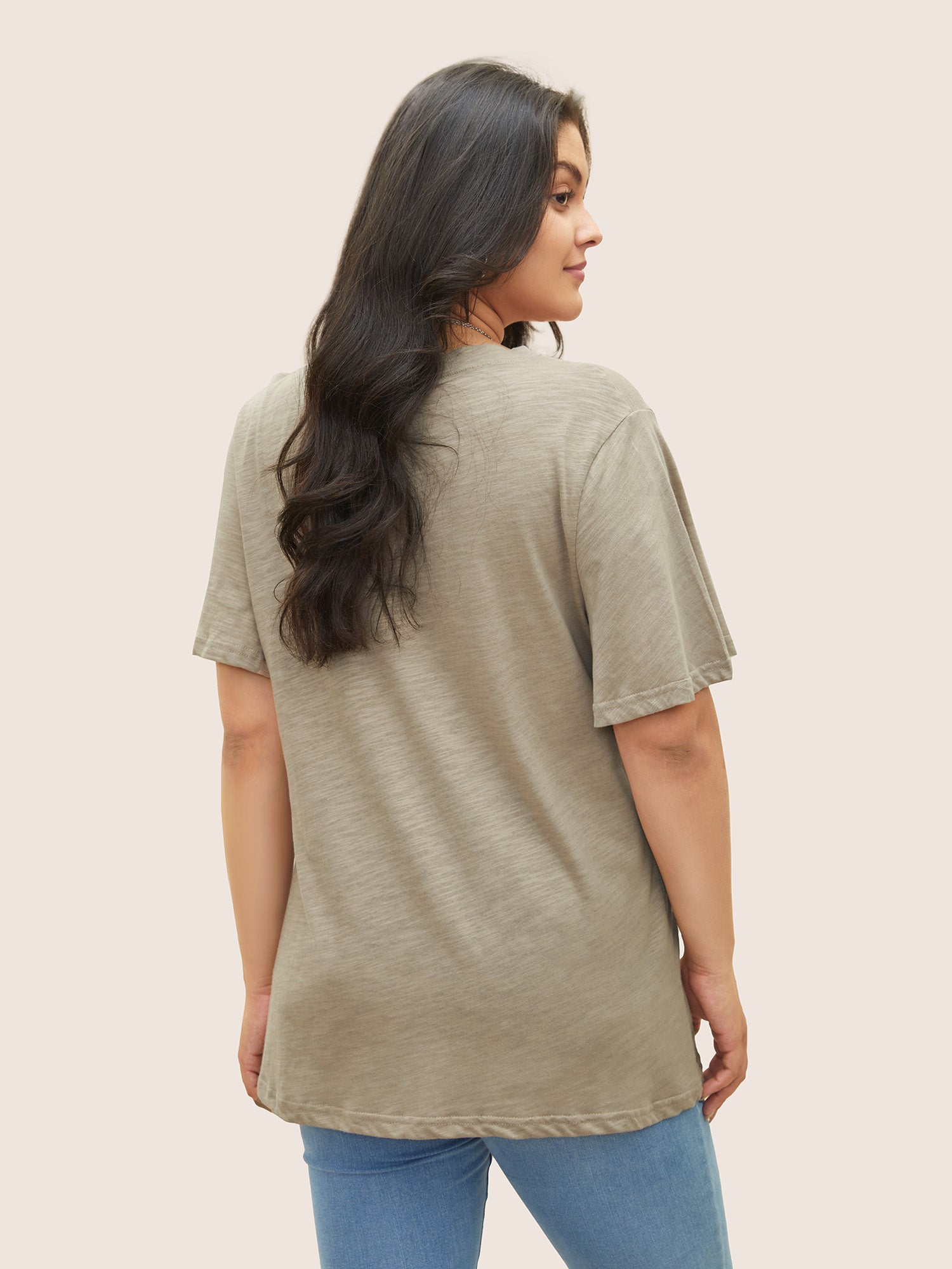 Plain Ruffle Sleeve Heather V Neck T-shirt