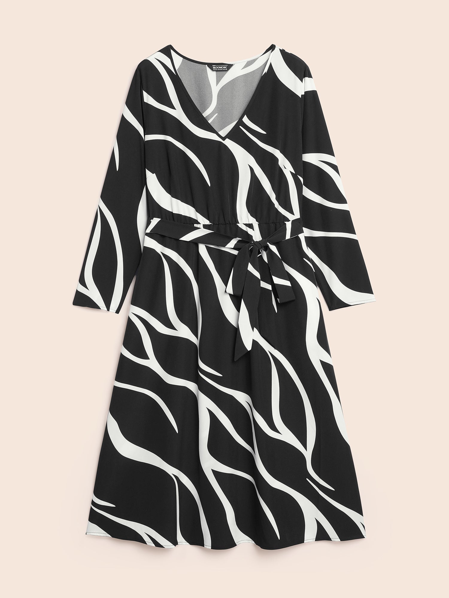 V Neck Geometric Belted Dress
