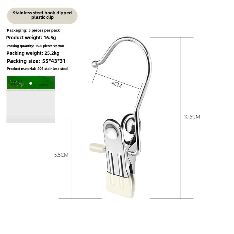 Stainless Steel Clip With Hook Flat Clip Anti-scratch Clip Mouth Laundry Drying Clip