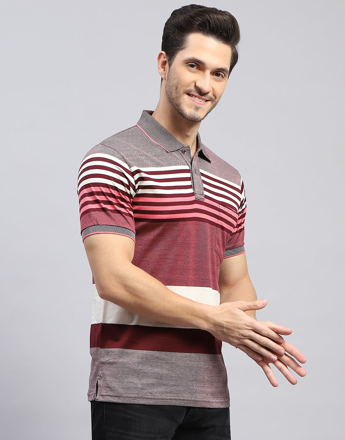 Men Maroon Stripe Polo Collar Half Sleeve T-Shirt