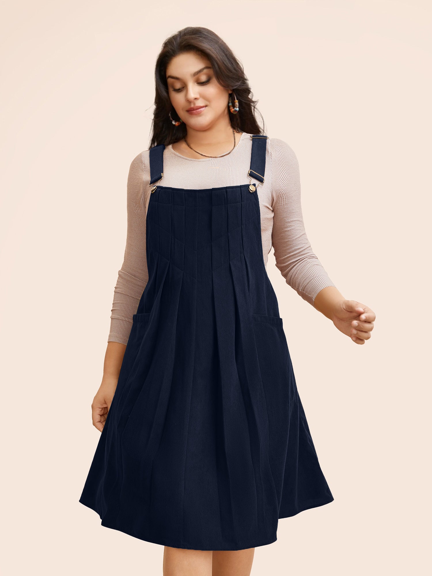 Solid Corduroy Pleated Overall Dress