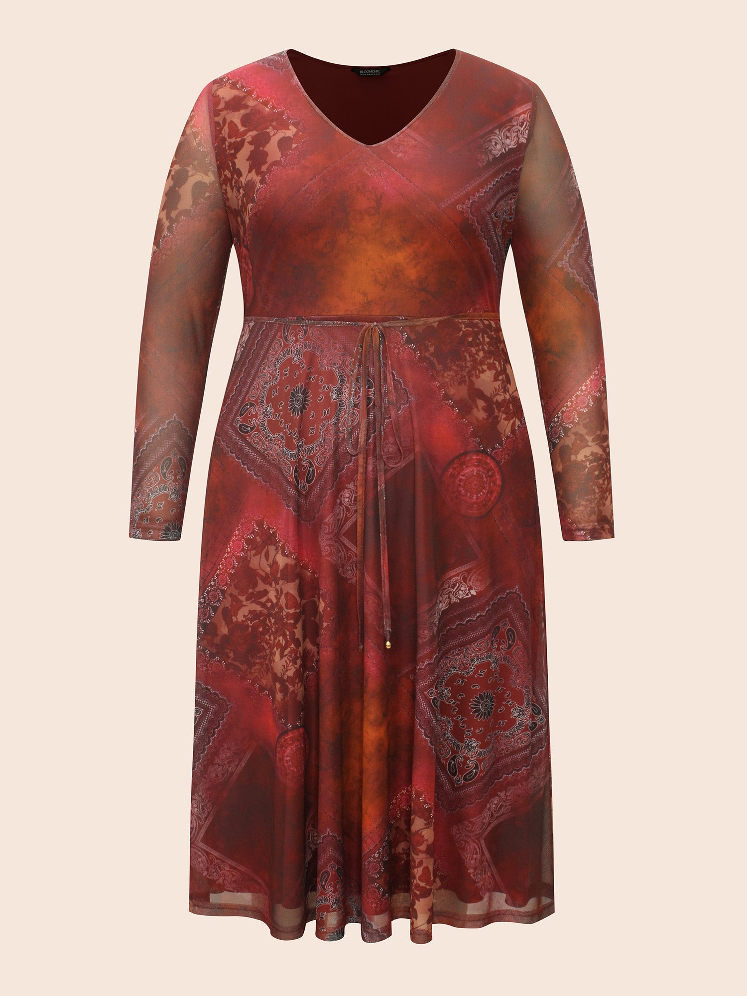 Boho Print Belted Mesh Midi Dress