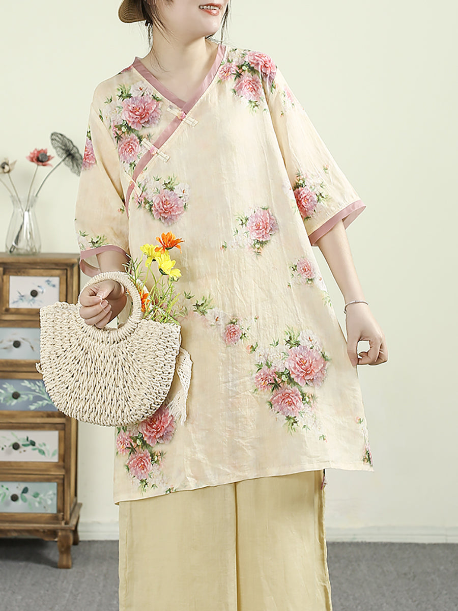 Women Summer Ethnic V-Neck Flower 100%Ramie Shirt