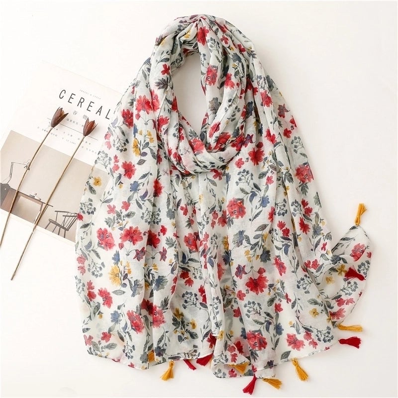 Yarn Cotton Fruit Green Bright Yellow Leaf Printing Tassel Scarf Shawl