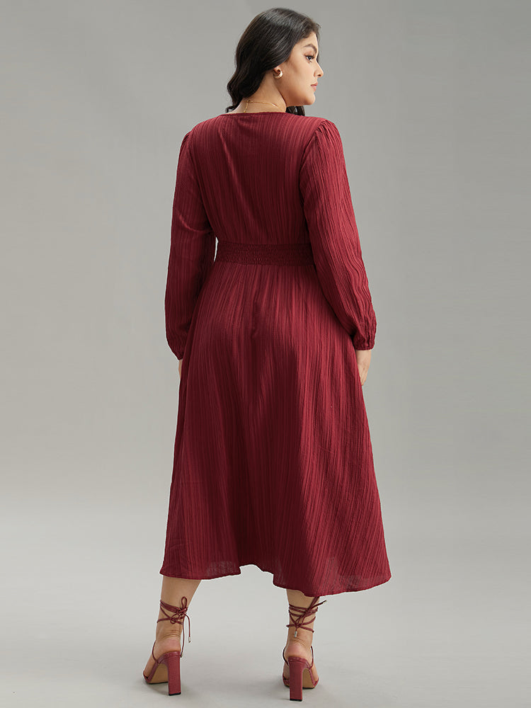 Solid Plisse Button Detail Shirred Dress
