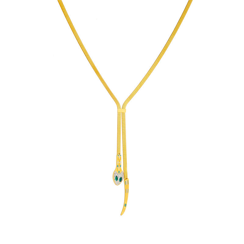 Full Diamond Snake Head Snake Tail Snake Bone Chain Heavy Stainless Steel Gold-Plated Chain Women'S Necklace