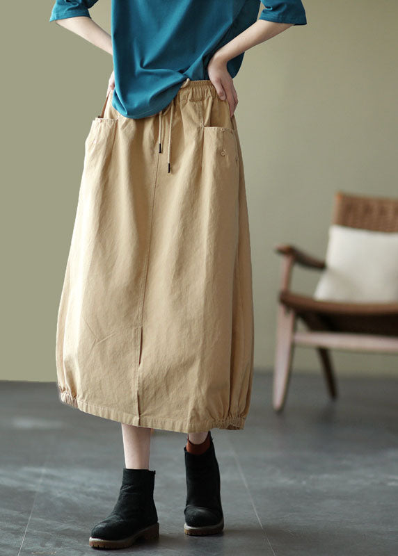 Beautiful Khaki Elastic Waist Pockets open Fall Skirts