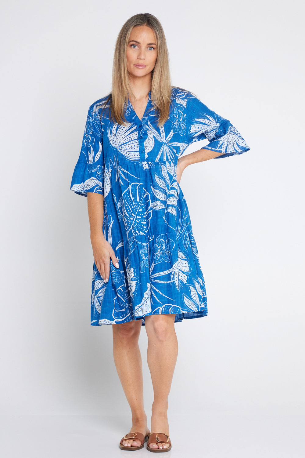 Maya Button V Neck Dress - Mono Indigo