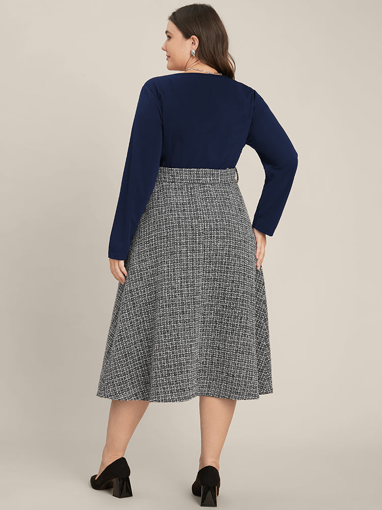 Plaid Patchwork Surplice Neck Belted Tweed Dress