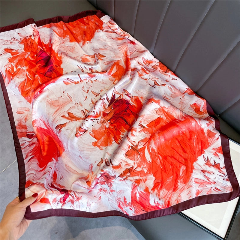 Women's Elegant Sweet Color Block Satin Printing Flowers Silk Scarf