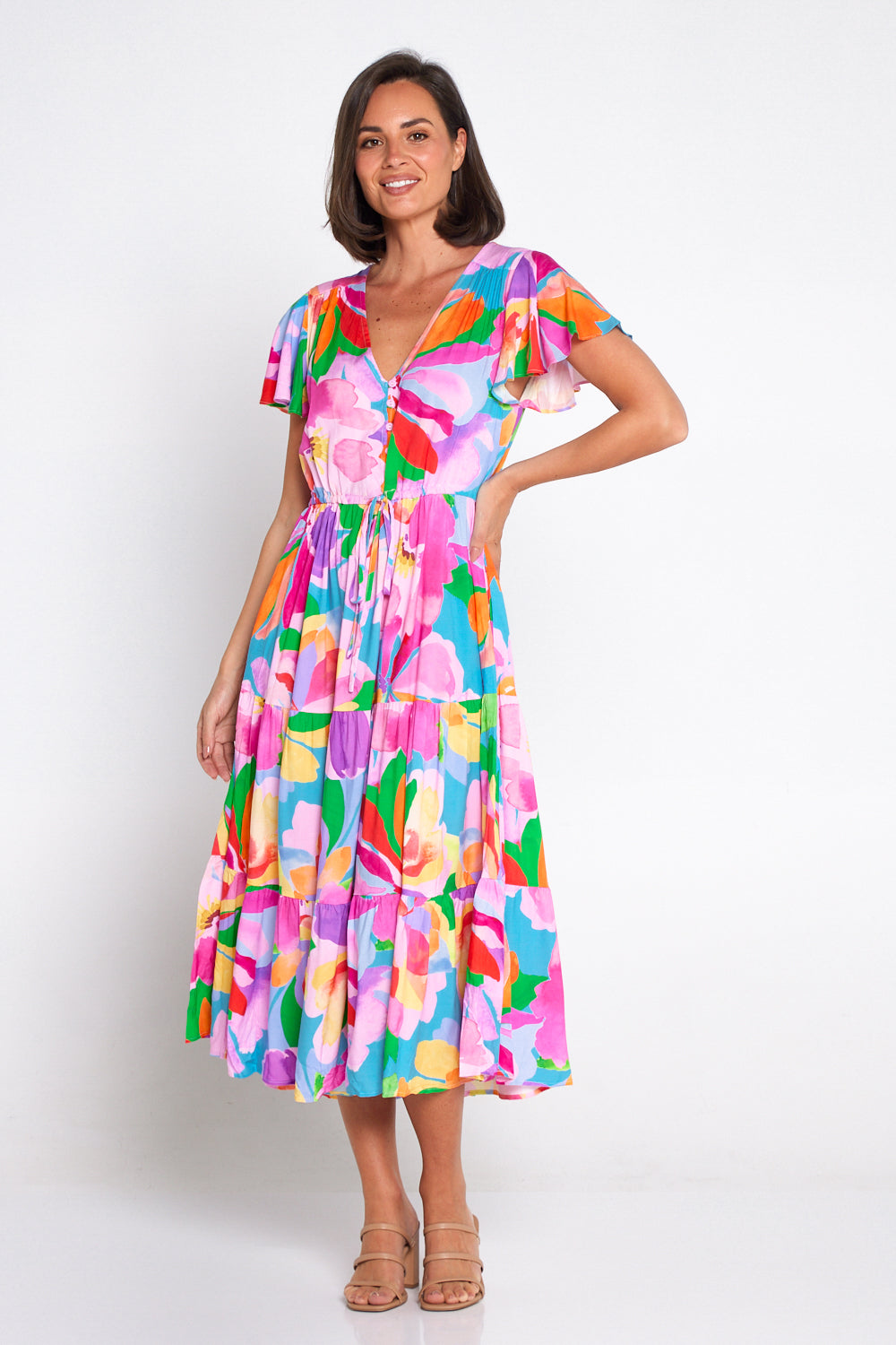 Hibiscus Hues Midi Dress - Pink Blue Floral