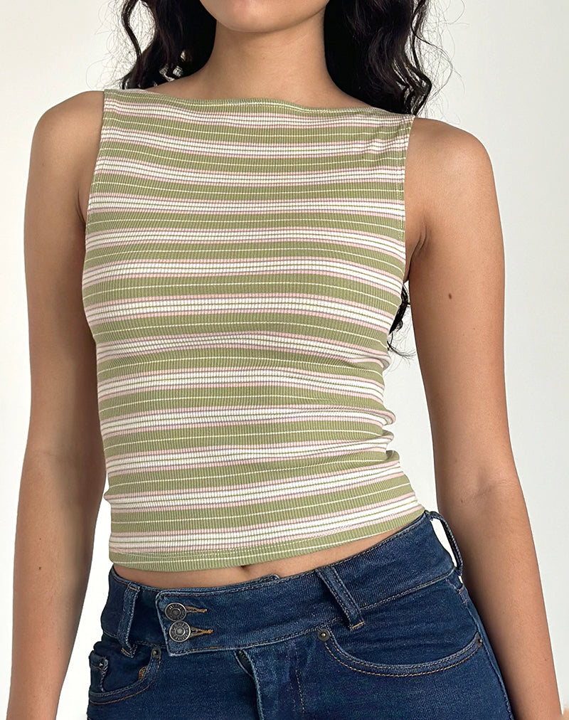Dudley Vest Top in Green. Pink and White Stripe