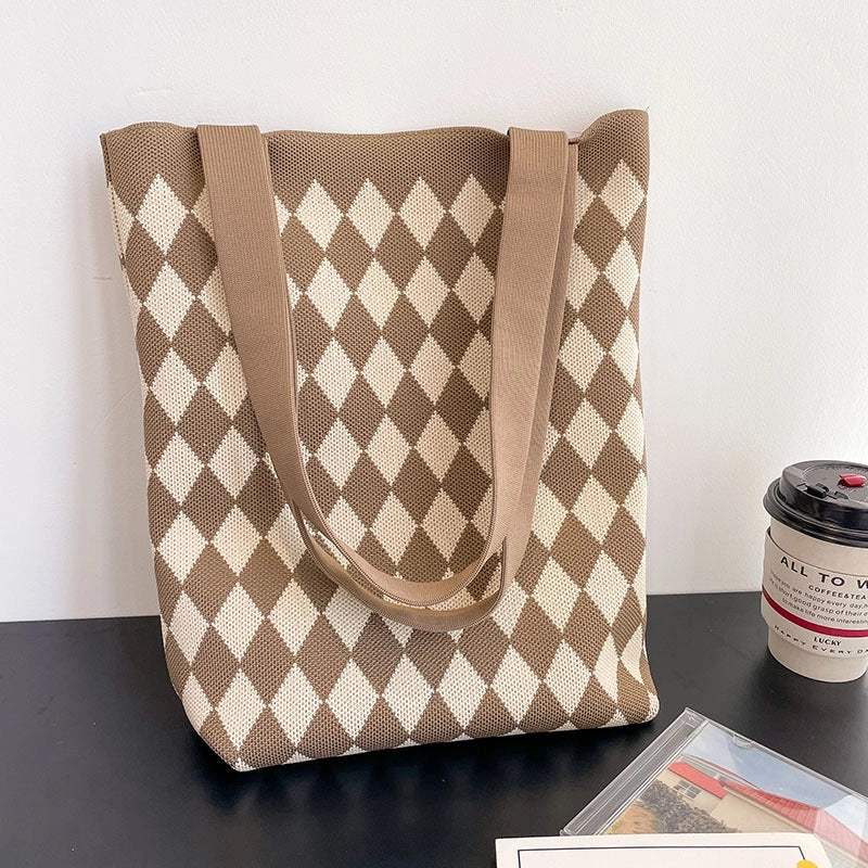 Women's Medium Knit Lingge Vintage Style Open Tote Bag