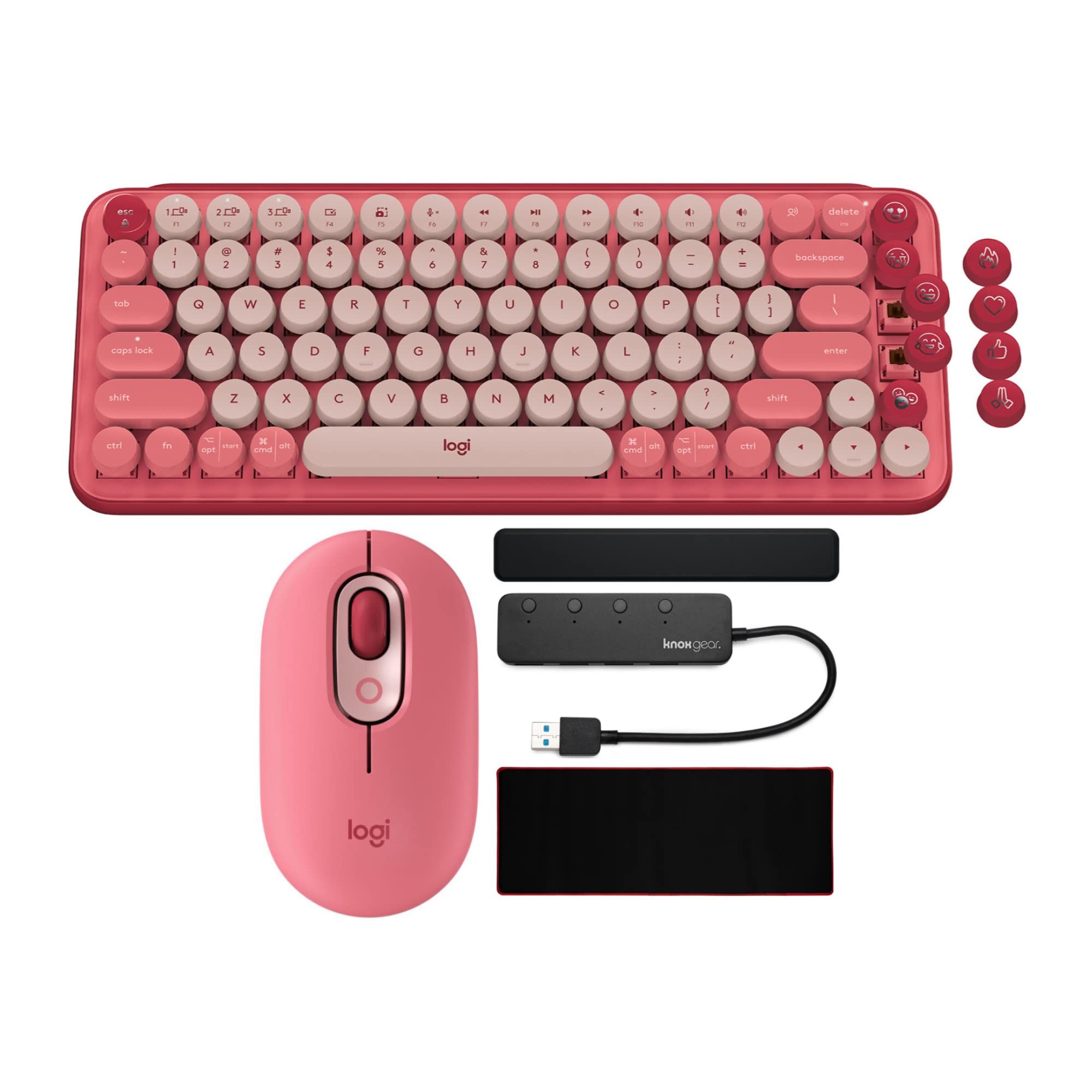 Logitech POP Keys - Teclado mecánico inalámbrico con teclas de emoji personalizadas (rosa rompecorazones) con mouse inalámbrico, reposamanos, concentrador USB de 4 puertos y alfombrilla para mouse (5 artículos)