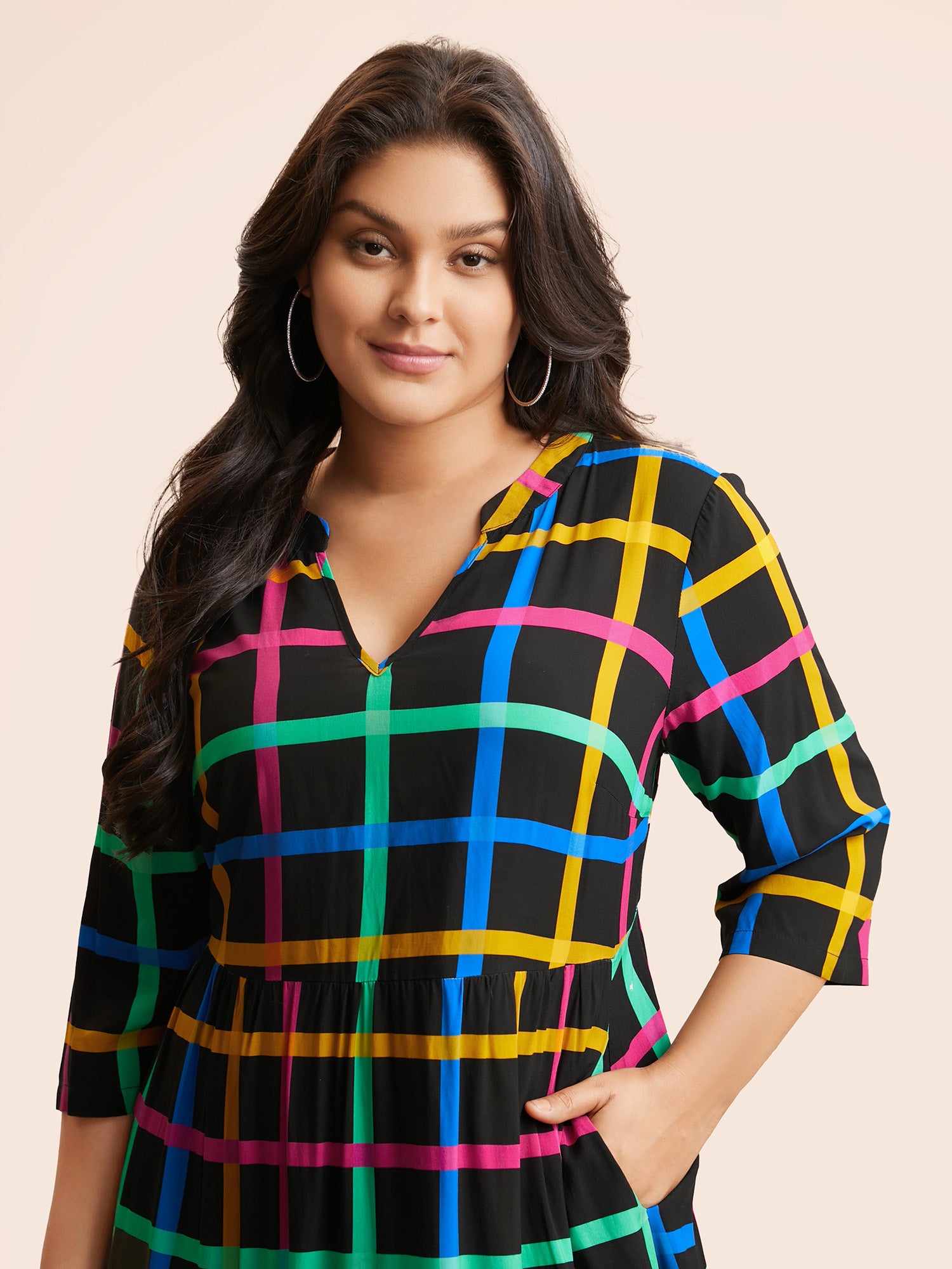 Plaid Notched Ruffle Hem Pocket Dress