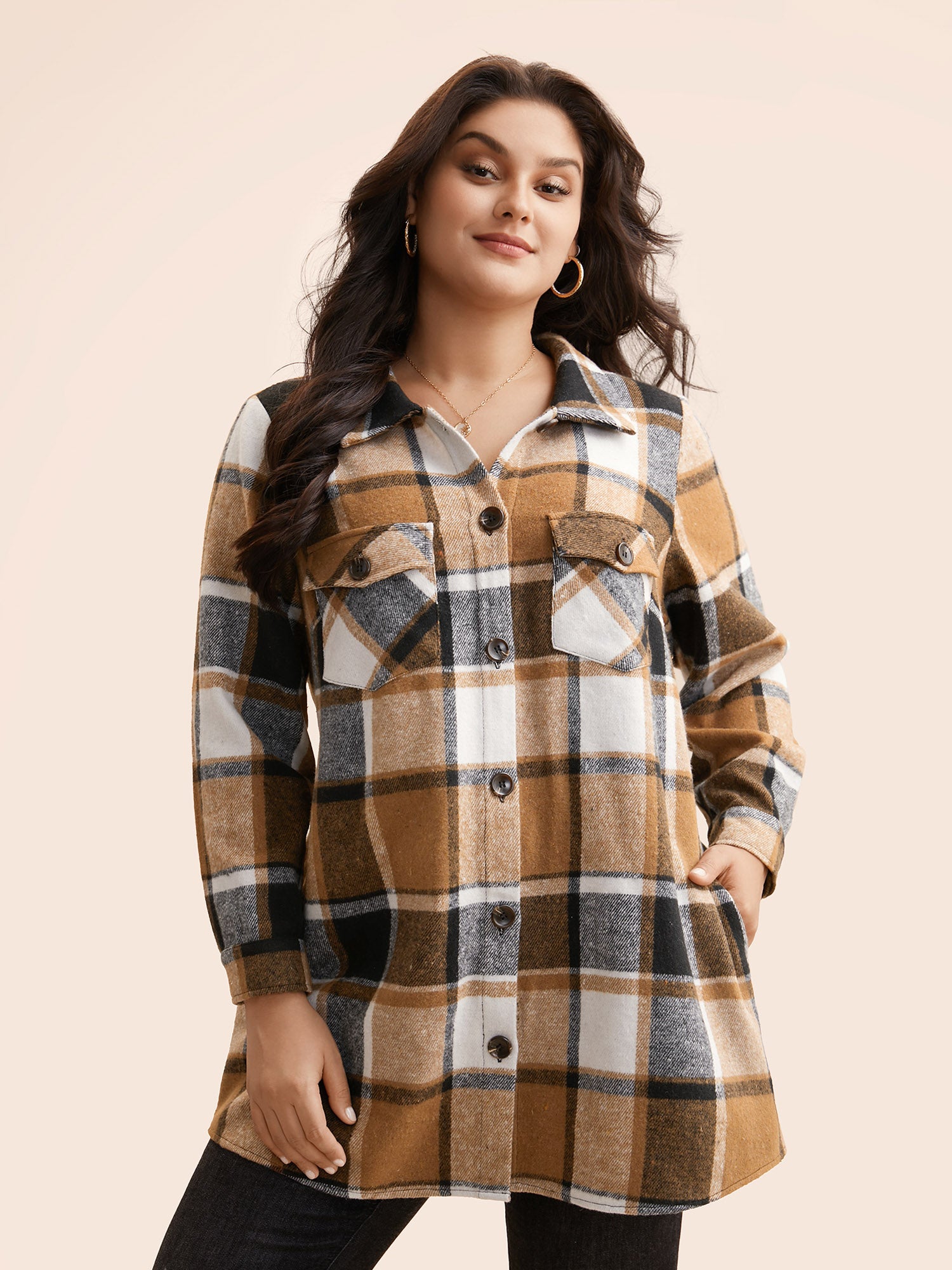 Plaid Chest Pockets Long Jacket