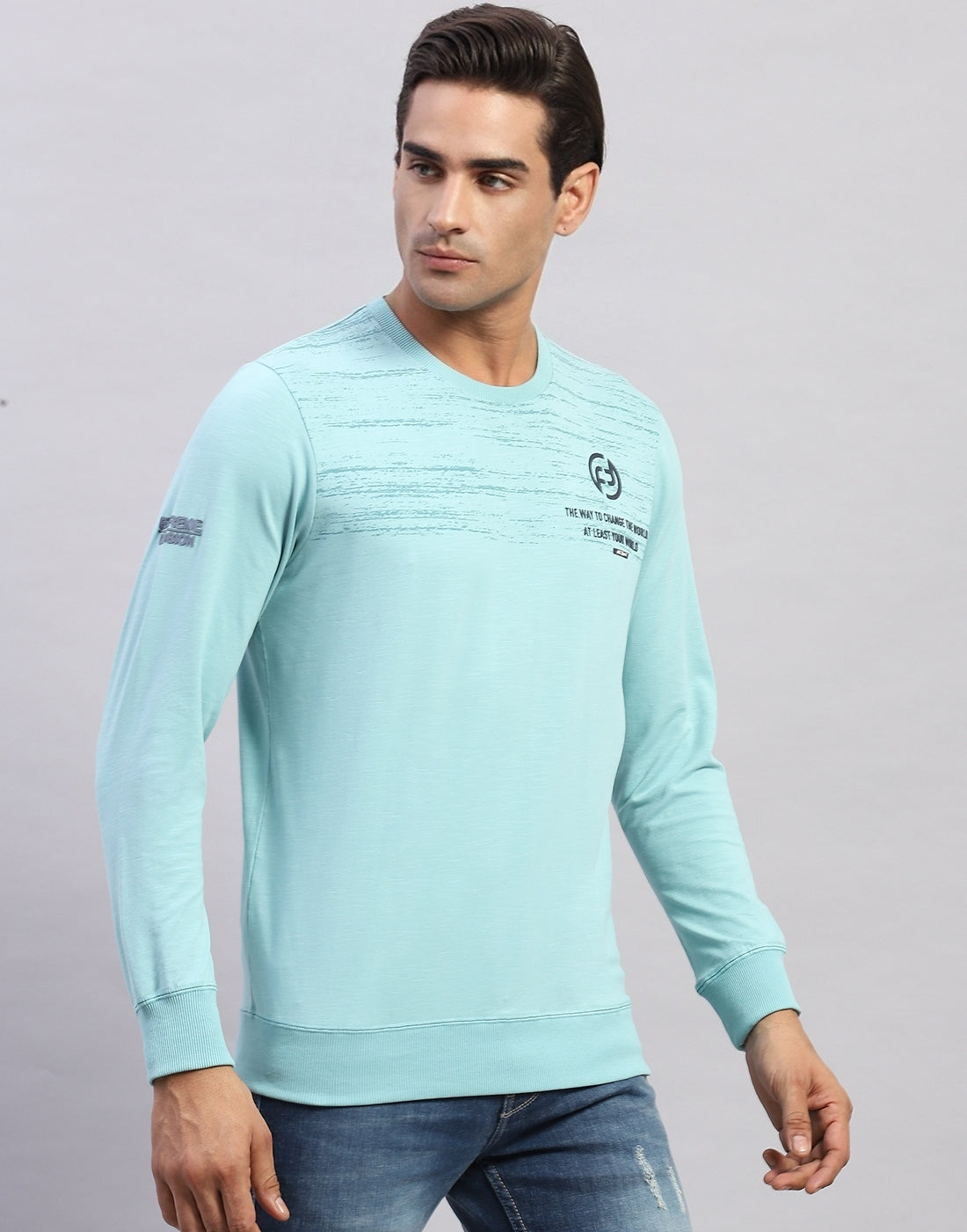 Men Light Blue Printed Round Neck Full Sleeve Winter T-Shirt