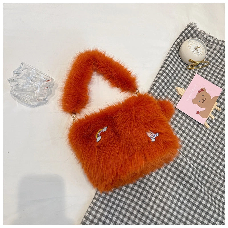 Women's Medium Plush Solid Color Vacation Classic Style Plush Chain Square Zipper Shoulder Bag