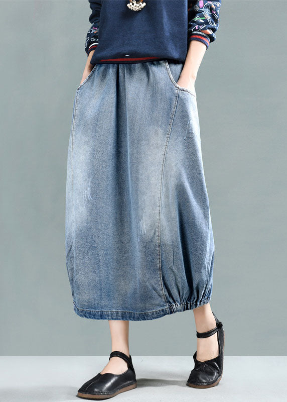 Fashion Light Blue Elastic Waist Pockets Cotton Denim Skirt Summer