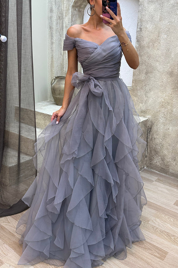 Ship in 24 hours!/ Pretty First Impression Tulle Off Shoulder Tiered Ruffle Evening Maxi Dress Grey