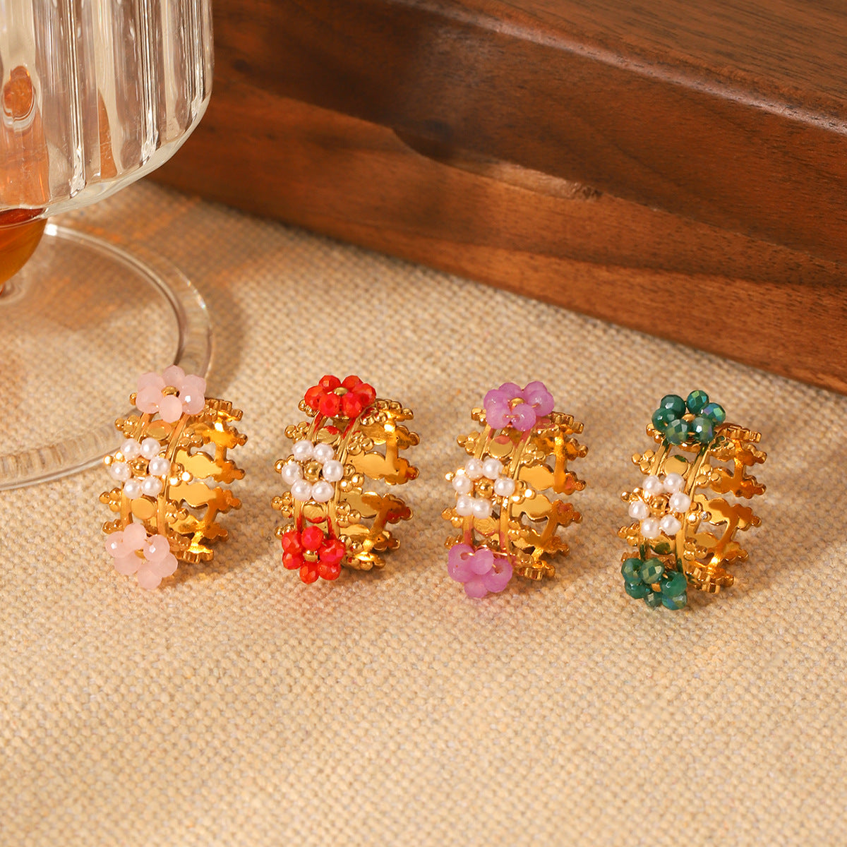 Retro Stainless Steel Crown Beaded Flower Ring Titanium Steel Ring Female Hand Jewelry
