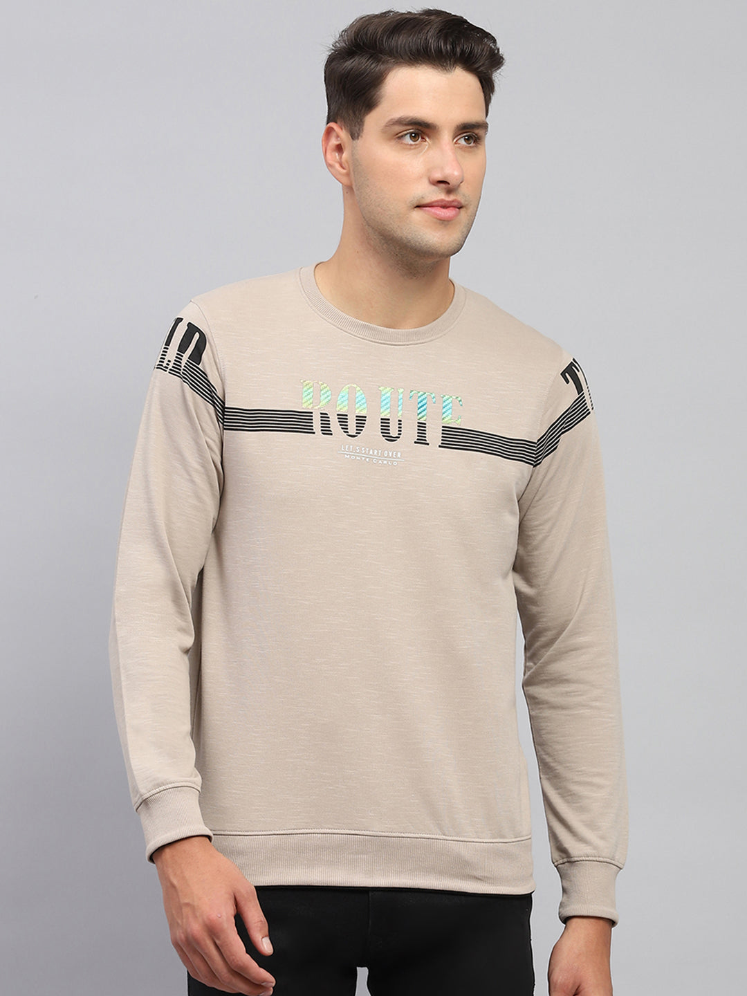 Men Beige Printed Round Neck Full Sleeve T-Shirt