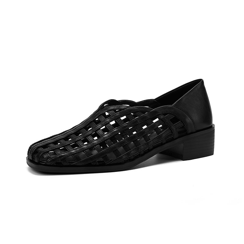 Women's Wide-Fit Woven Cow Leather Closed-Toe Block Heel Mules in Black