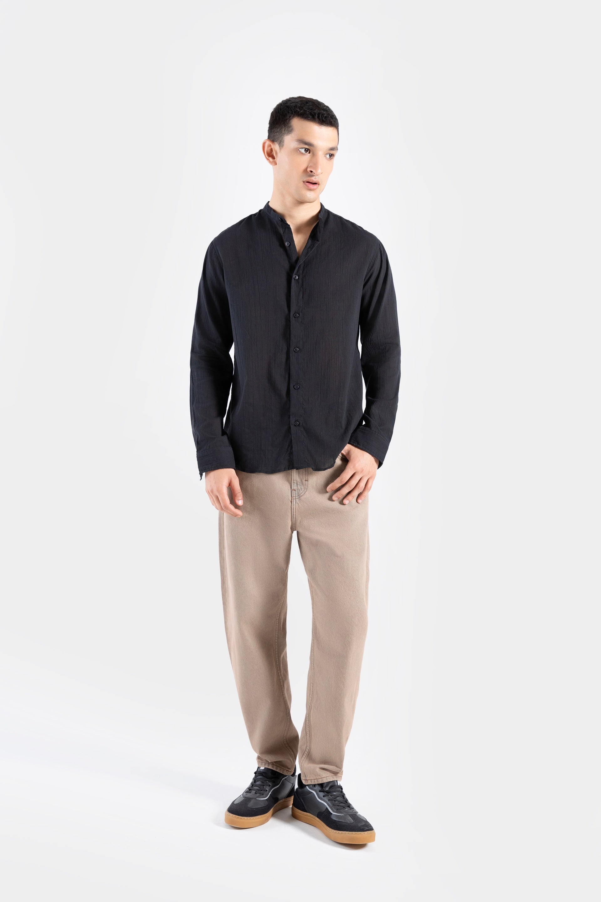 Creased Effect Mandarin Collar Shirt