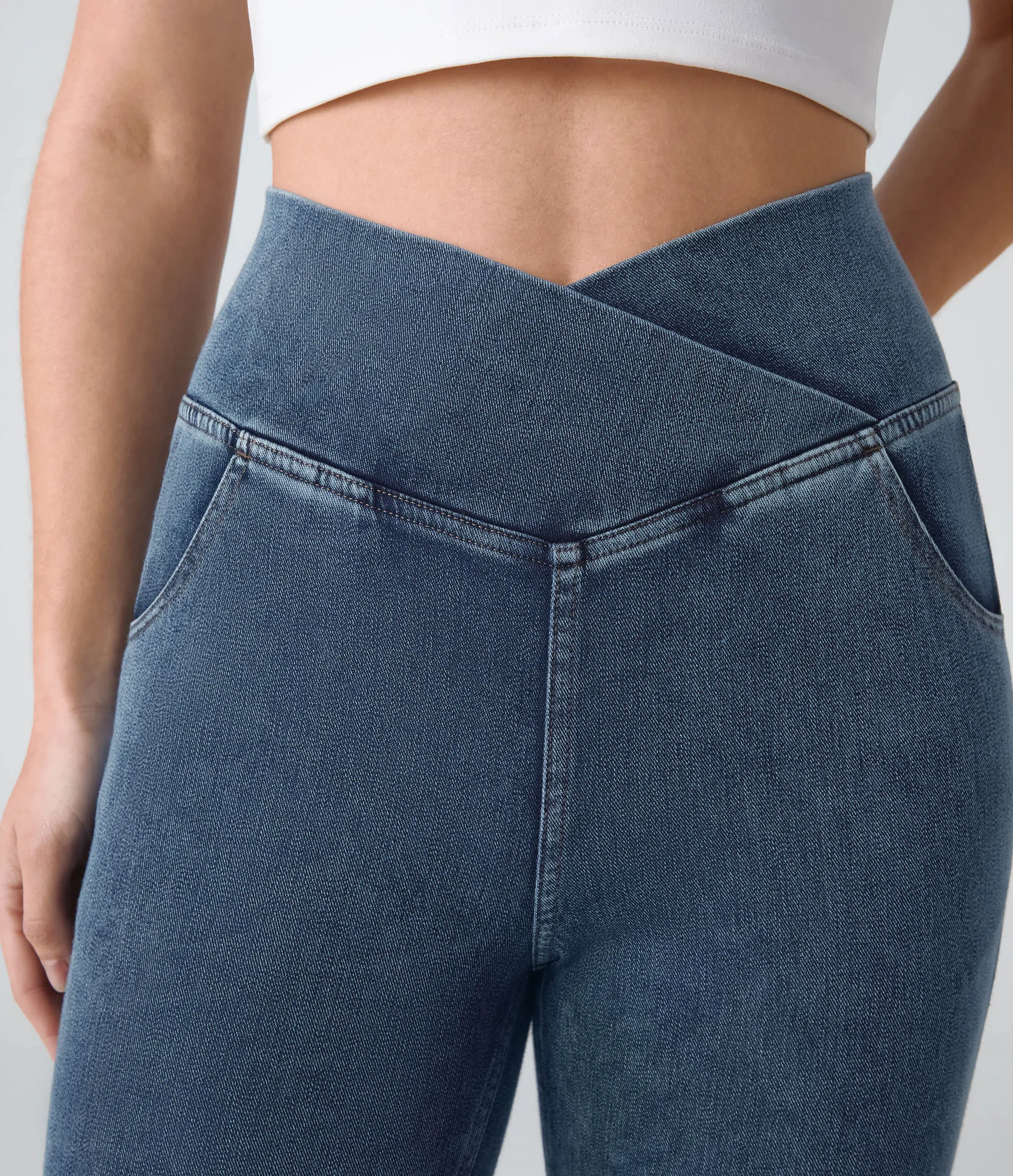 ⚡8 Packs for $25.95⚡- High Waisted Crossover Pocket Washed Stretchy Knit Casual Super Flare Jeans
