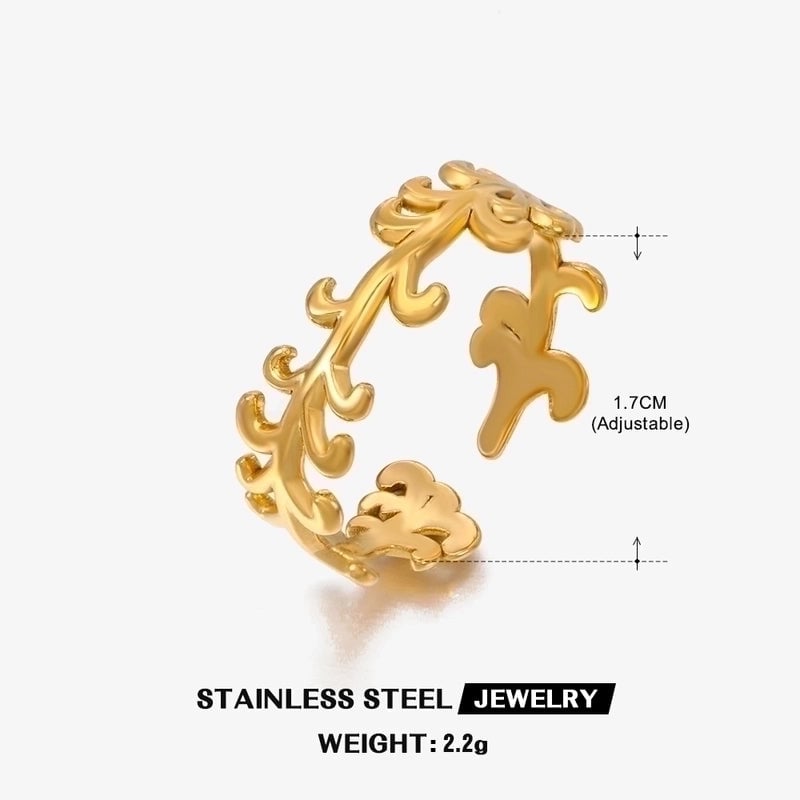 304 Stainless Steel 18K Gold Plated Minimalist Plating Leaf Open Ring