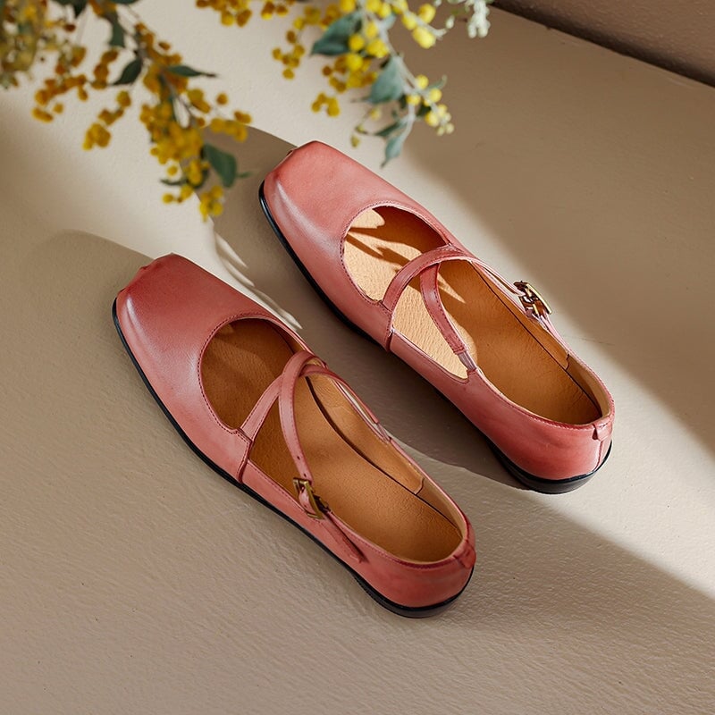 Square Toe Leather Mary Jane Ballet Flats with Cross Straps in Black/Red/Pink