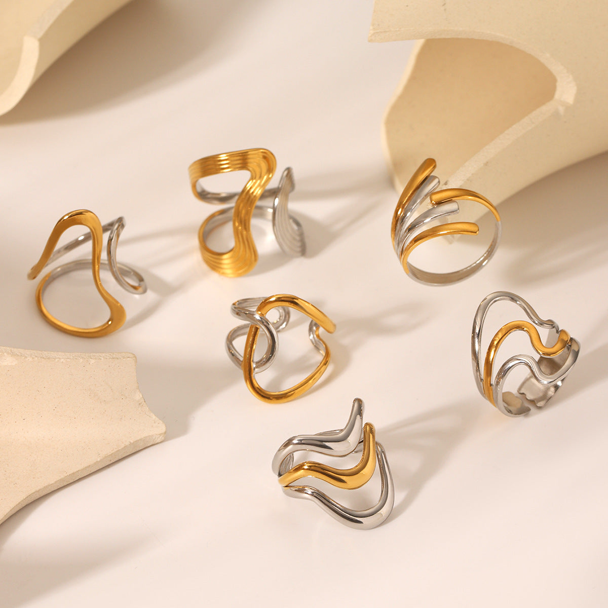 Fashion Personality Color Matching Stainless Steel Ring Irregular Geometric Arc Ring Female Titanium Steel Ring