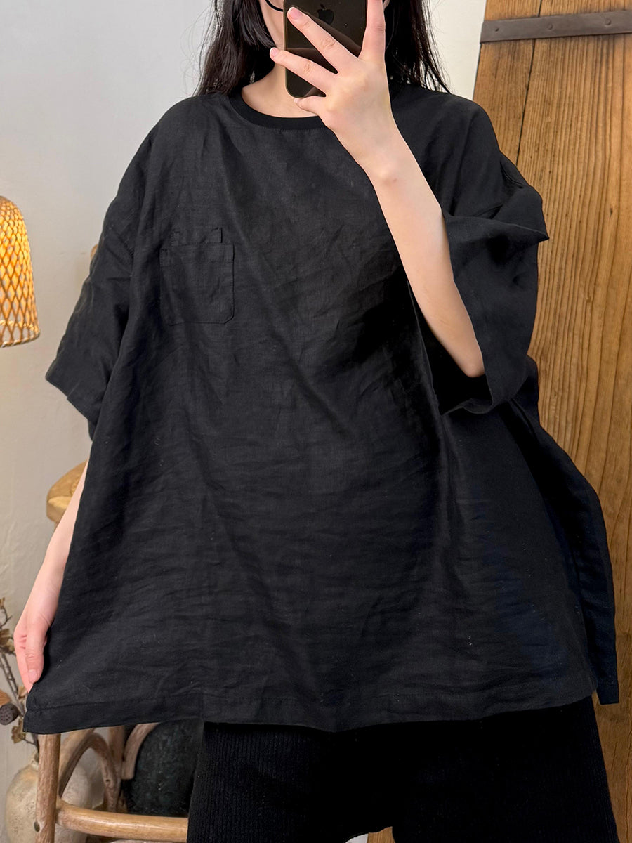 Women Summer Retro Pure Color O-Neck Linen Shirt