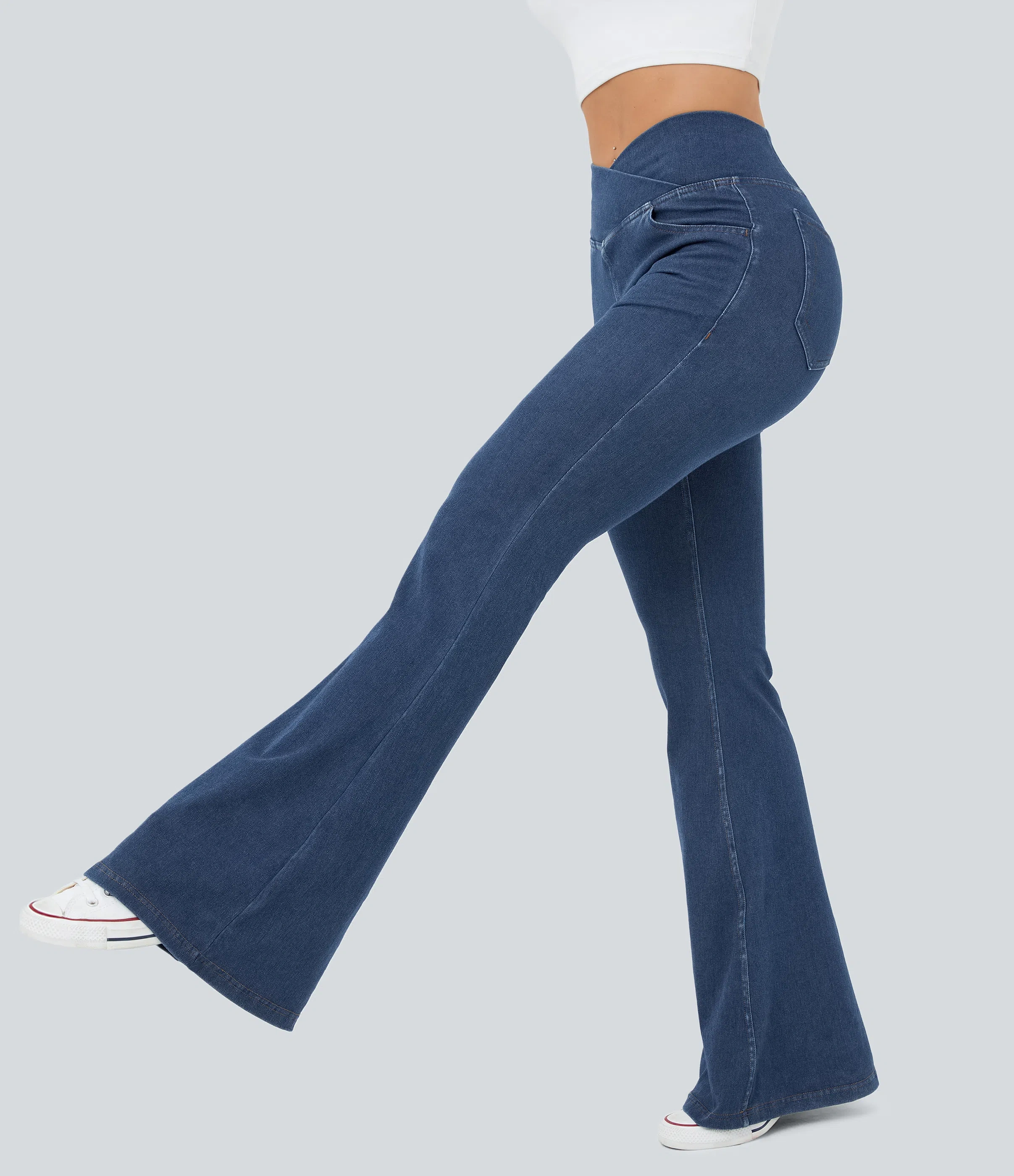 ⚡8 Packs for $25.95⚡- High Waisted Crossover Pocket Washed Stretchy Knit Casual Super Flare Jeans