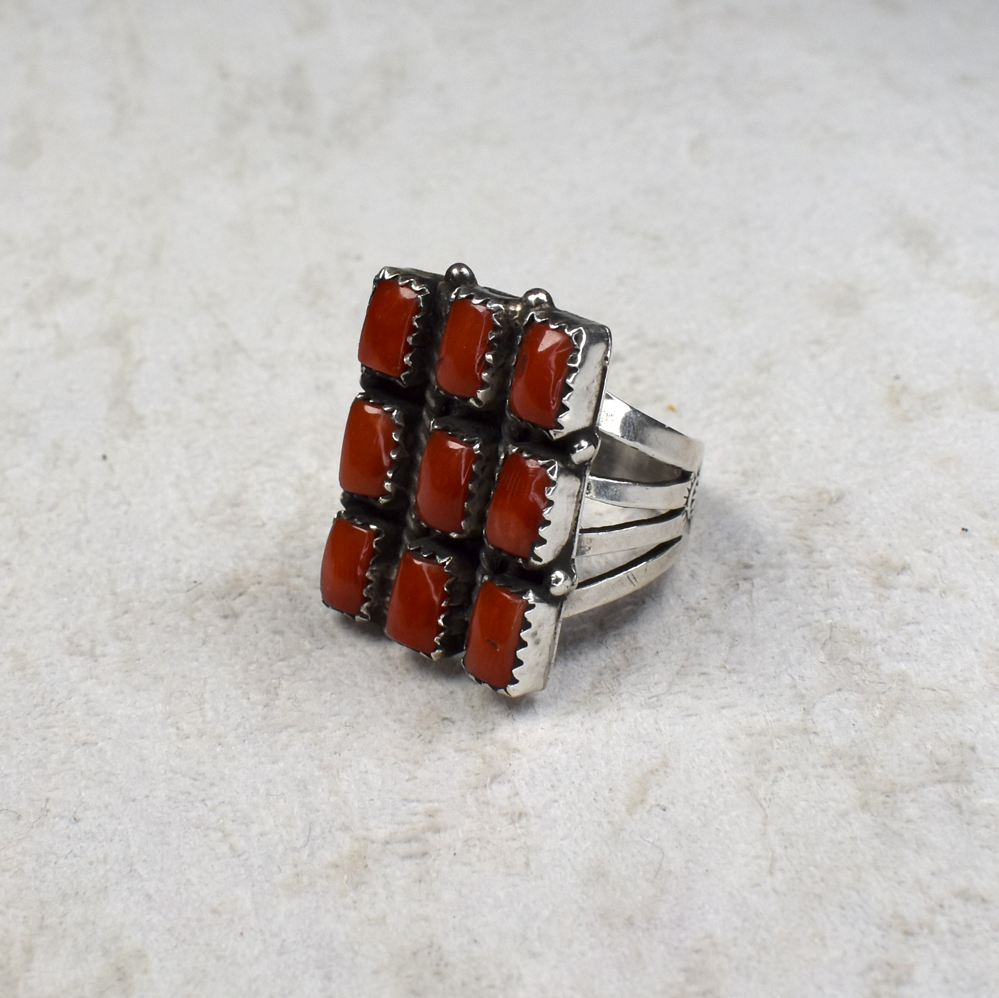 Rectangular Nine Stone Noble Coral Ring