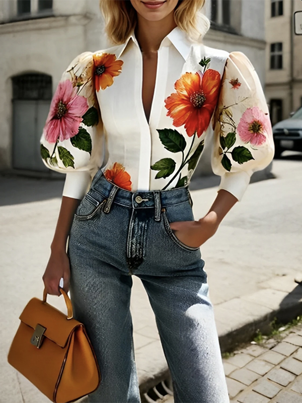 Puff Sleeves Asymmetric Floral Printed Split-Joint Lapel Blouses&Shirts Tops