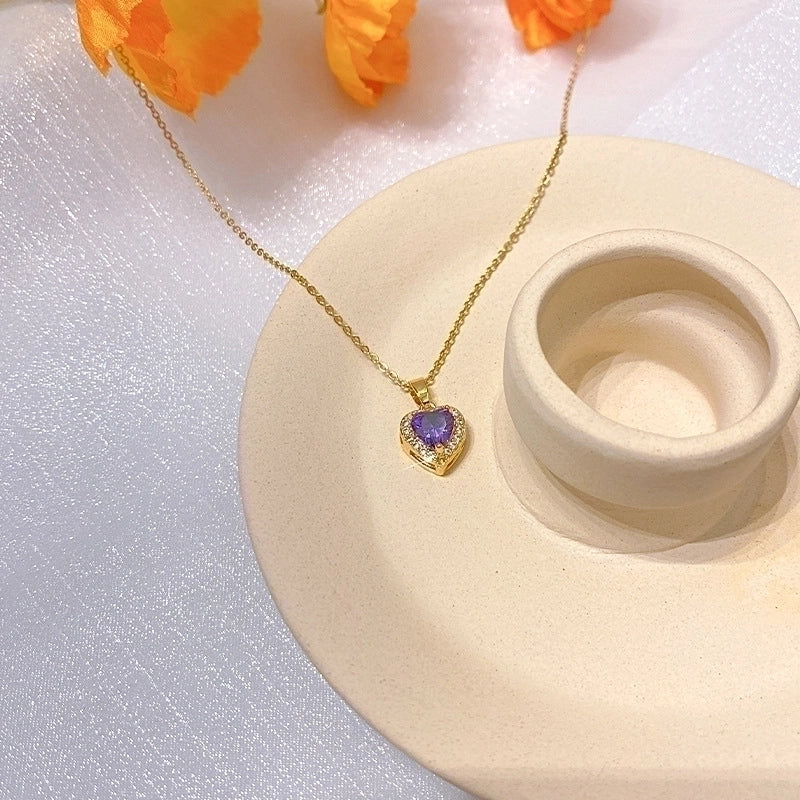 Titanium Steel Lady Inlay Heart Shape Flower Artificial Gemstones Pendant Necklace