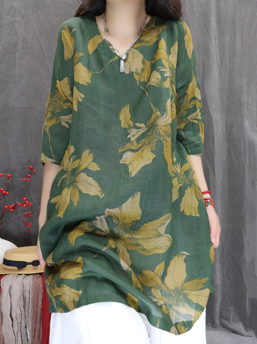 Women Summer Flower 100%Ramie V-Neck Long Shirt